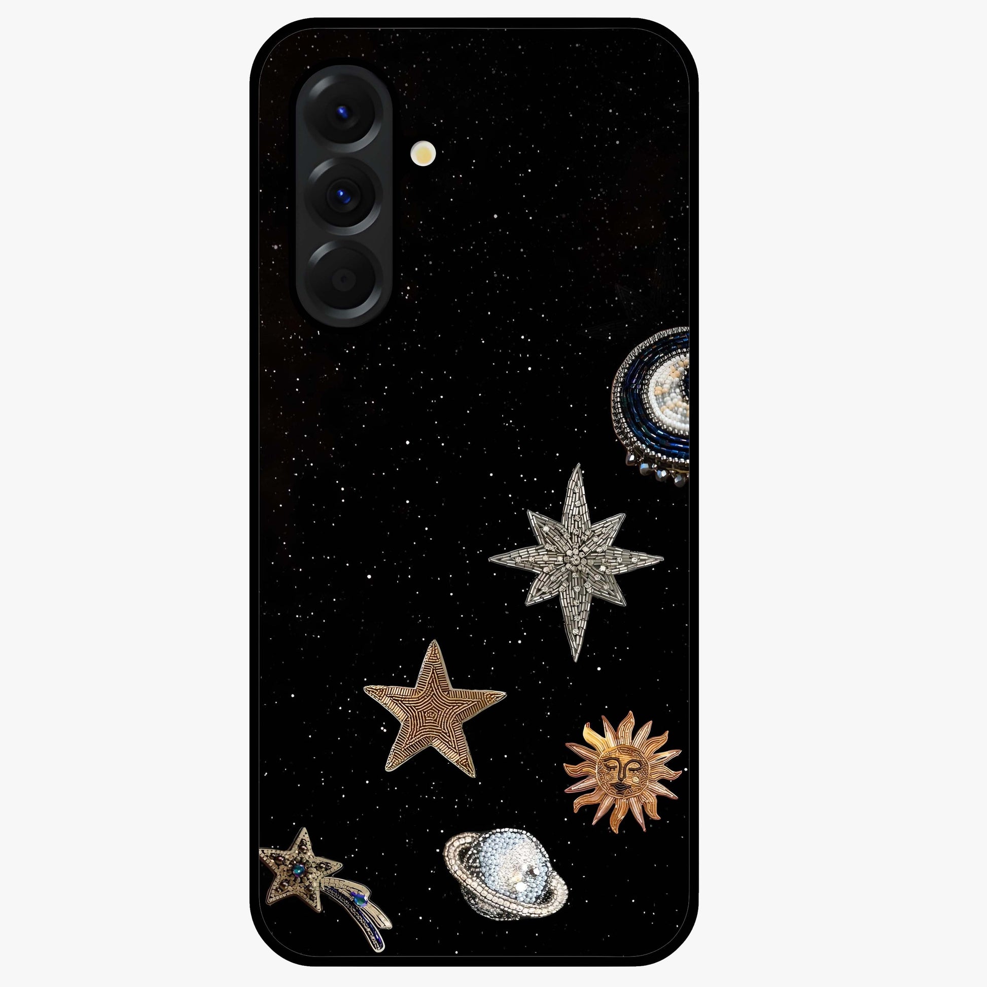 Galactic Charm Glow Glass Case showing flat back view with glowing celestial charm artwork and glossy glass finish.