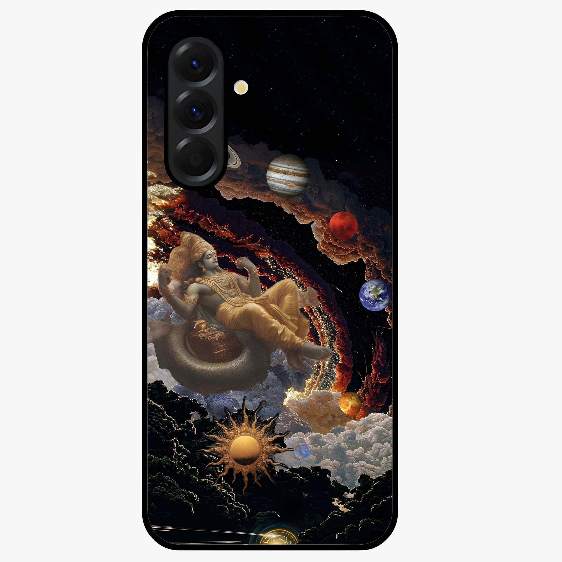 Galactic Divine God Glass Case showing flat back view with divine cosmic themed artwork and glossy glass finish.