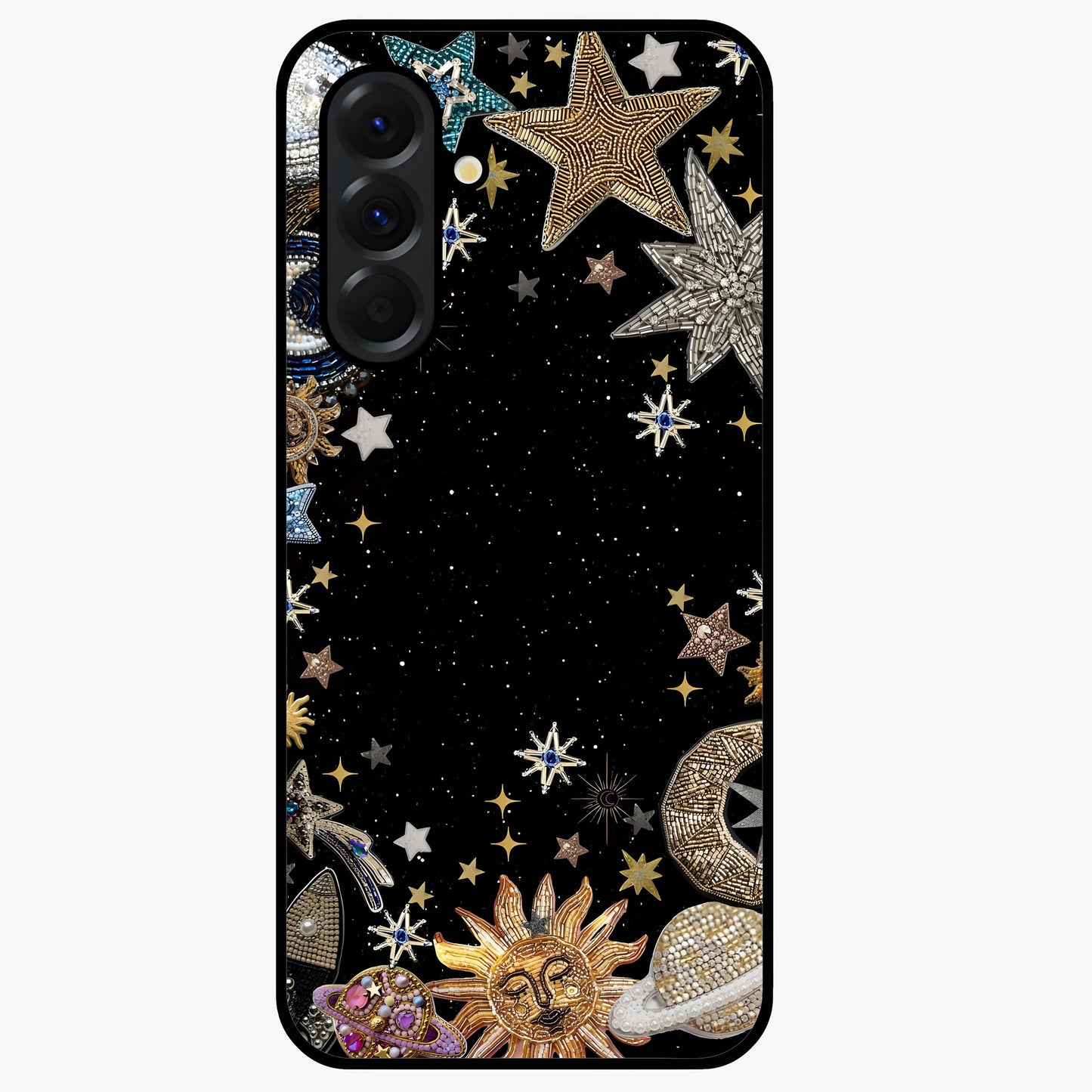 Galactic Jewel Stars Glass Case showing flat back view with sparkling star jewel artwork and glossy glass finish.