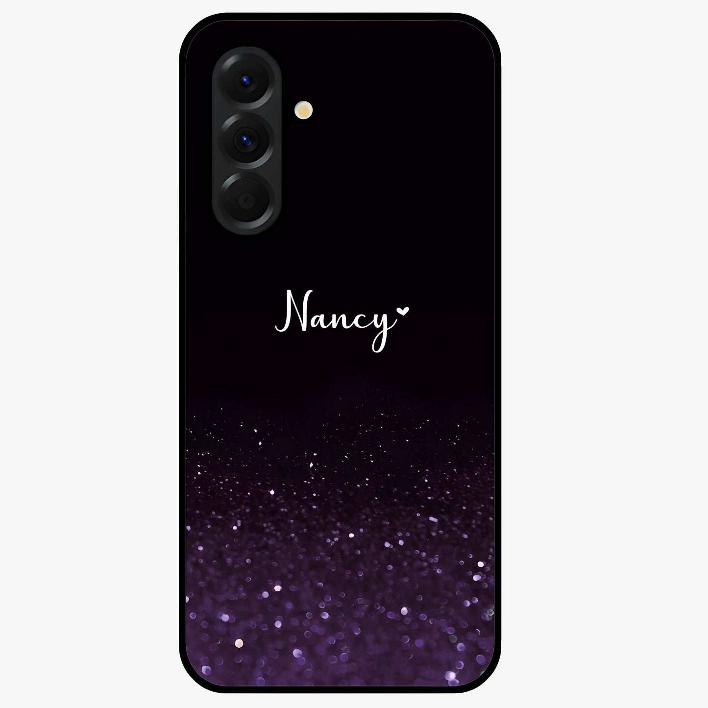 Glittery Purple Bokeh Custom Name Glass Case showing flat back view with purple bokeh sparkle artwork and personalized name design.