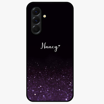 Glittery Purple Bokeh Custom Name Glass Case showing flat back view with purple bokeh sparkle artwork and personalized name design.
