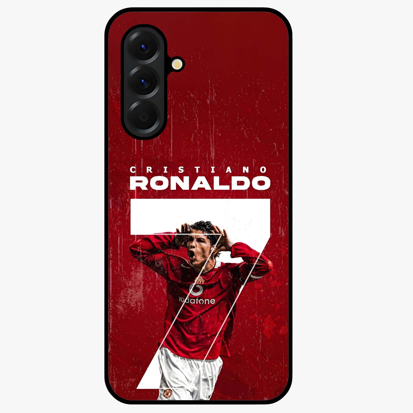 Goal Celebration Legacy Glass Case showing flat back view with football celebration inspired artwork and glossy glass finish.