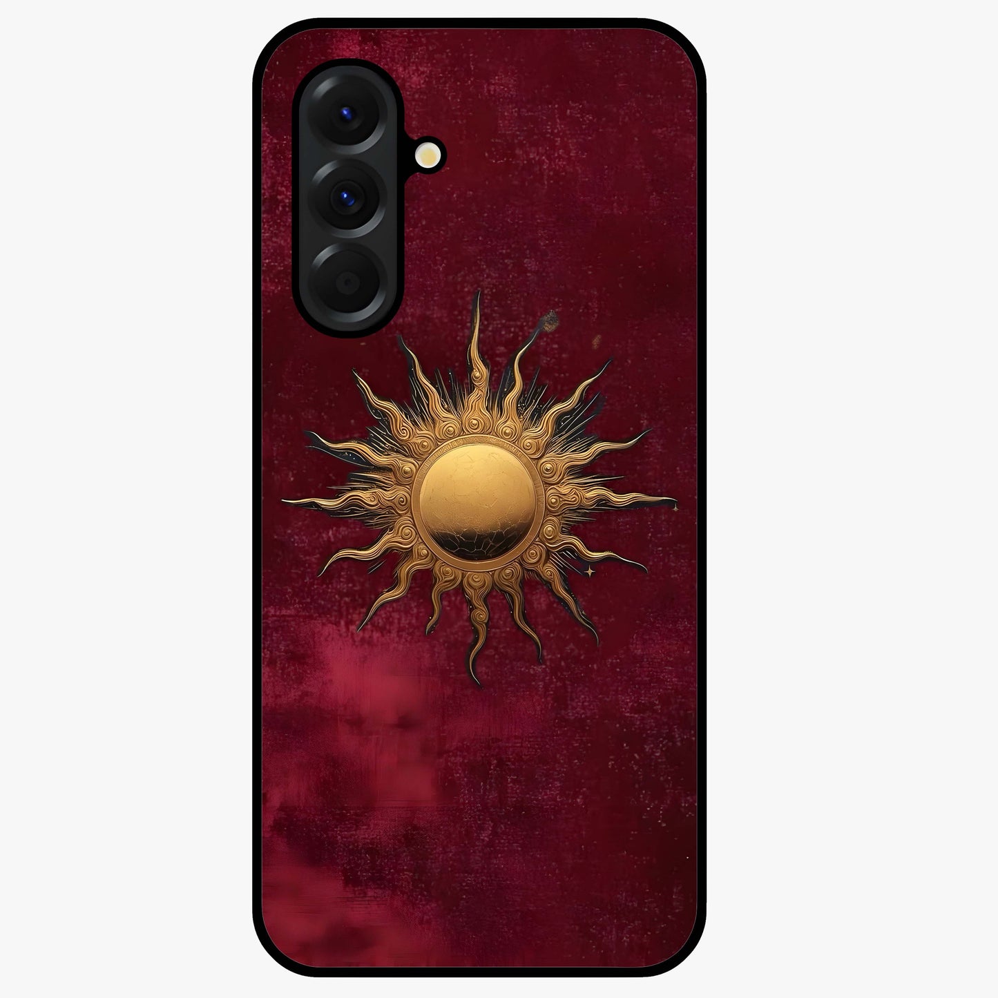 Gold Sun Blush Glass Case showing flat back view with golden sun inspired artwork and glossy glass finish.