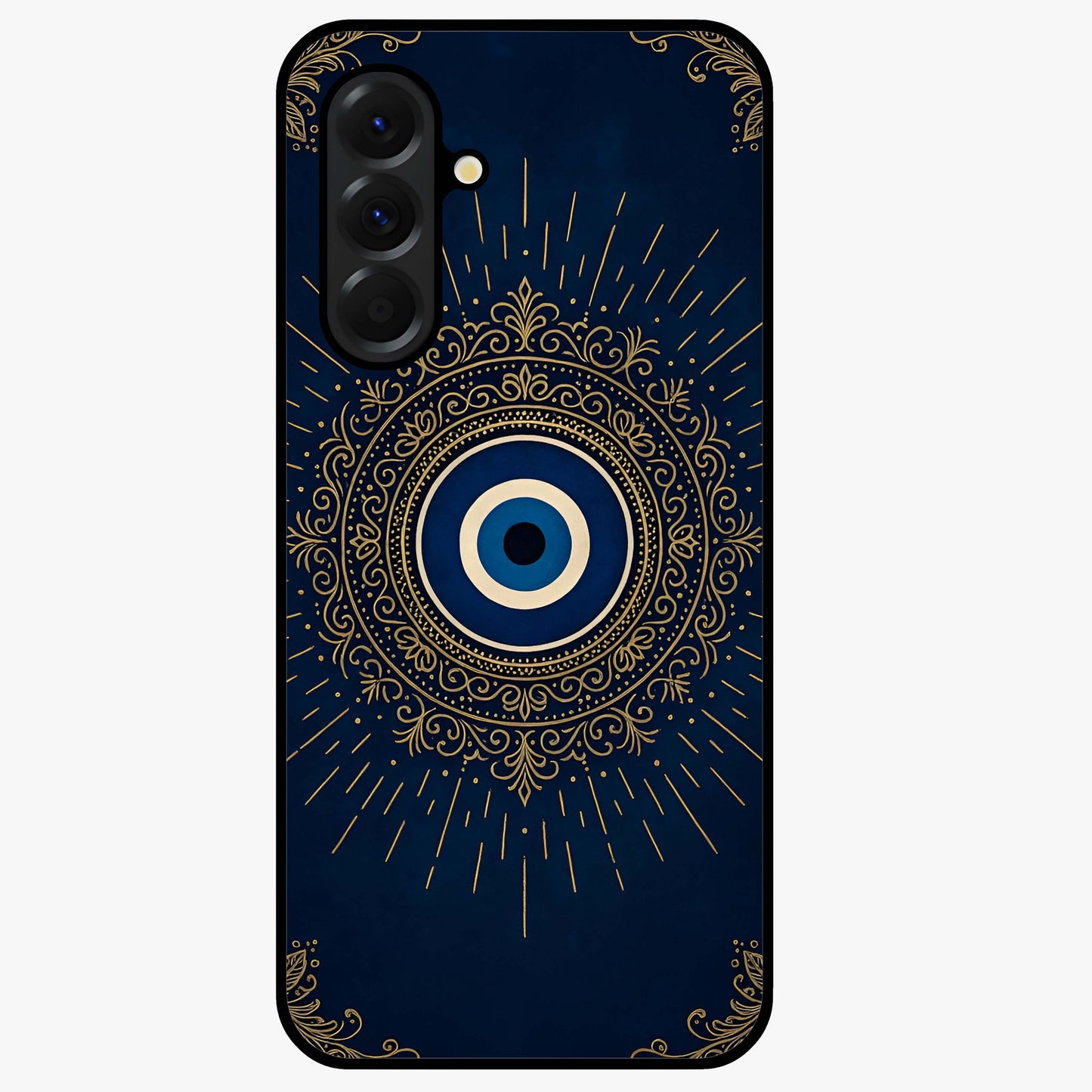 Golden Evil Eye Mandala Glass Case showing flat back view with intricate evil eye mandala artwork and glossy glass finish.