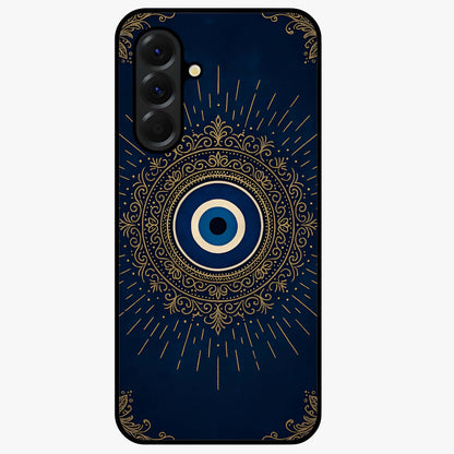 Golden Evil Eye Mandala Glass Case showing flat back view with intricate evil eye mandala artwork and glossy glass finish.