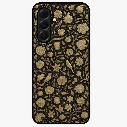 Golden Floral Majesty Glass Case showing flat back view with luxurious golden floral artwork and glossy glass finish.