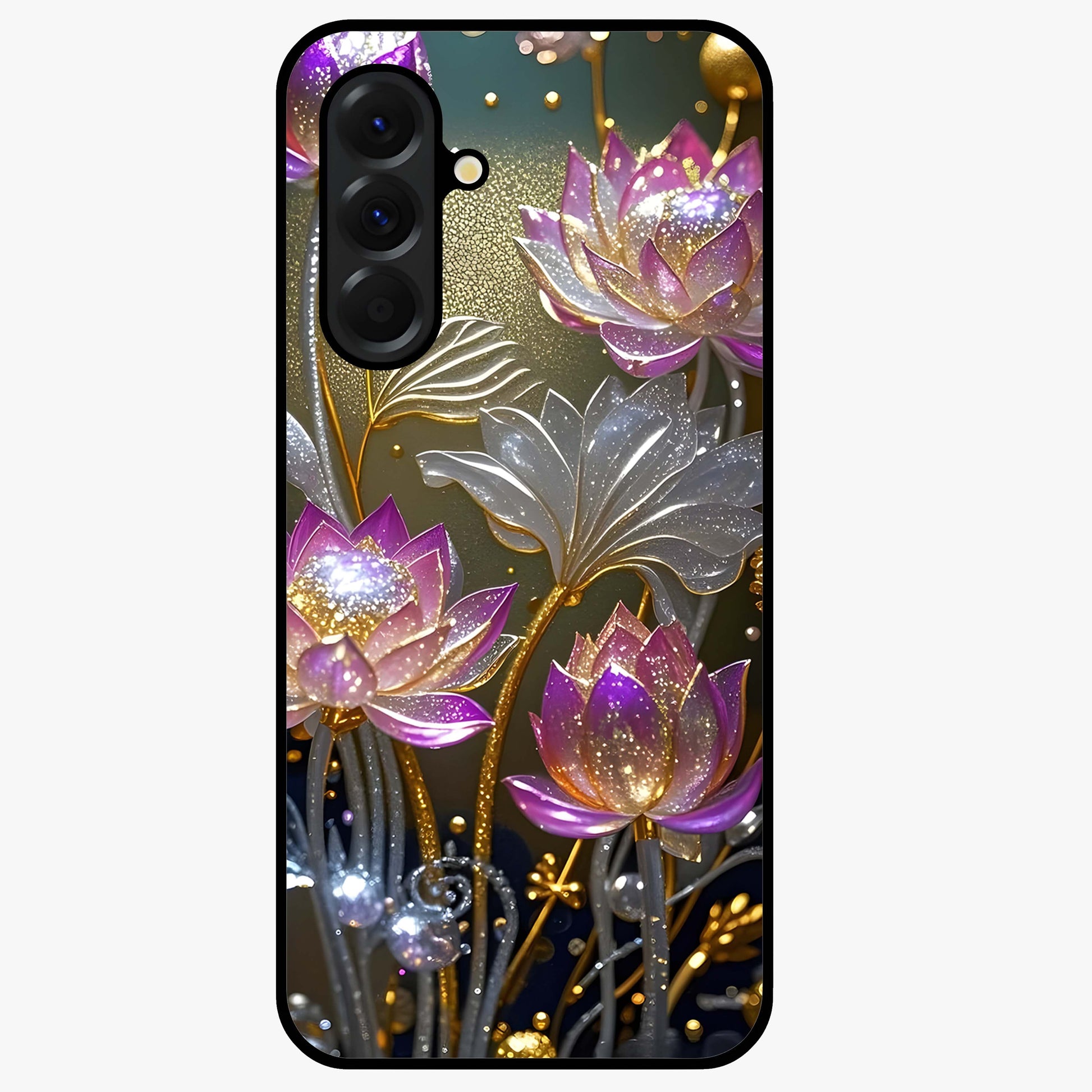 Golden Lotus Glow Glass Case showing flat back view with glowing lotus flower artwork and glossy glass finish.