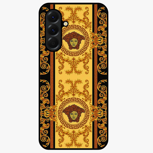 Golden Royal Heritage Glass Case showing flat back view with ornate royal pattern artwork and glossy glass finish.