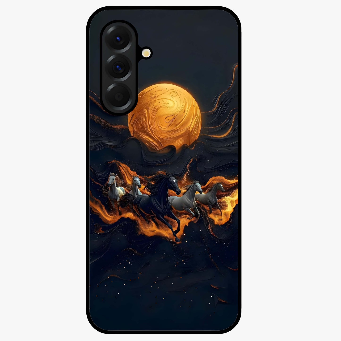 Golden Stallion Moonride Glass Case showing flat back view with majestic horse under moonlight artwork and glossy glass finish.