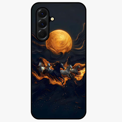 Golden Stallion Moonride Glass Case showing flat back view with majestic horse under moonlight artwork and glossy glass finish.