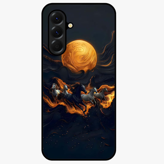 Golden Stallion Moonride Glass Case showing flat back view with majestic horse under moonlight artwork and glossy glass finish.