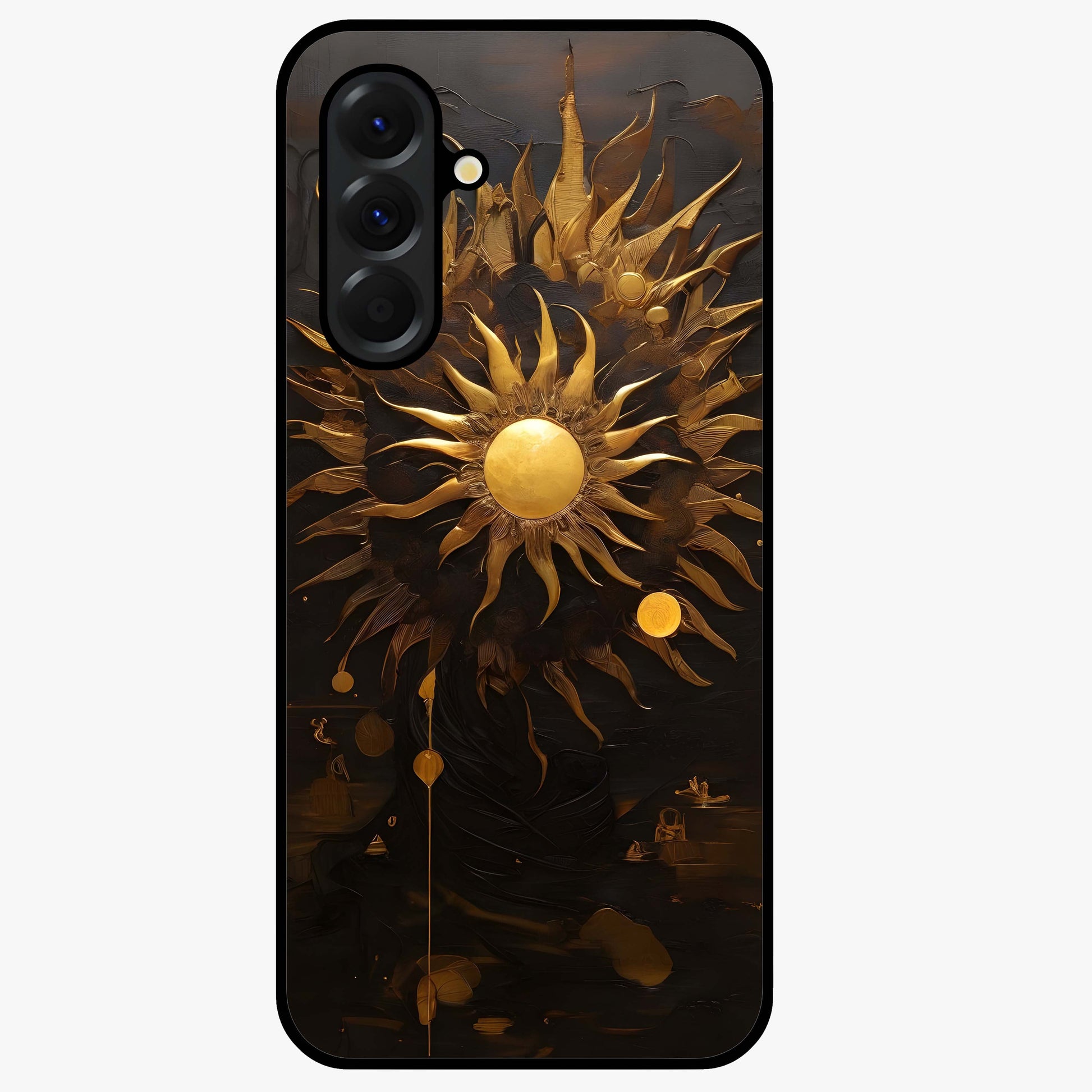 Golden Sun Majesty Glass Case showing flat back view with radiant golden sun artwork and glossy glass finish.
