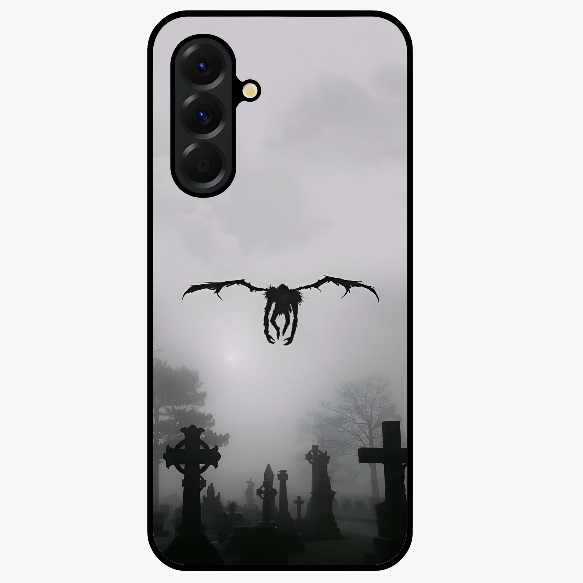 Graveyard Shadow Descent Glass Case showing flat back view with dark graveyard themed artwork and glossy glass finish.