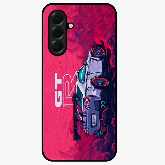 GT-R Car Pattern Glass Case showing flat back view with sporty car inspired pattern artwork and glossy glass finish.