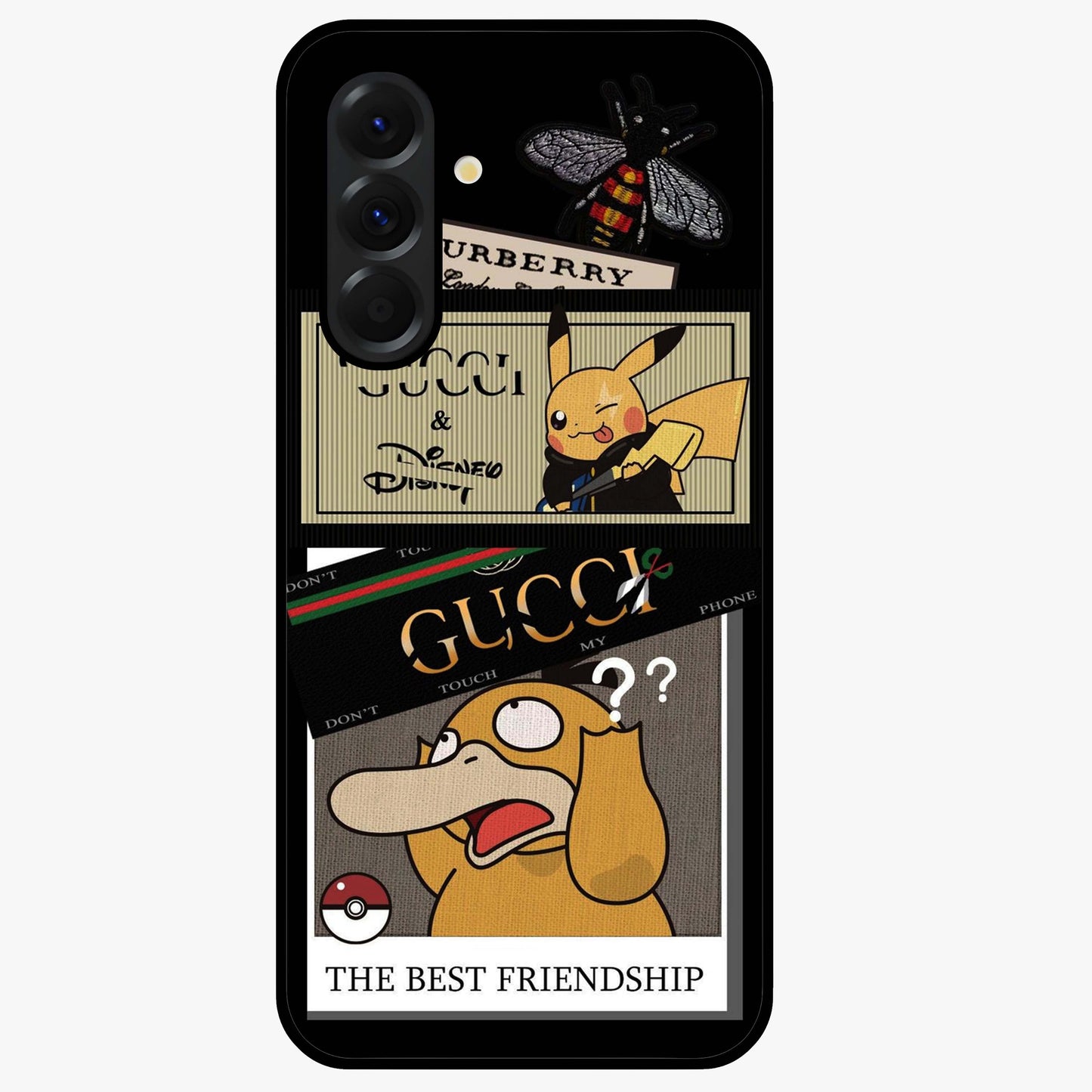 Gucci Play Mashup Glass Case showing flat back view with luxury inspired graphic artwork and glossy glass finish.