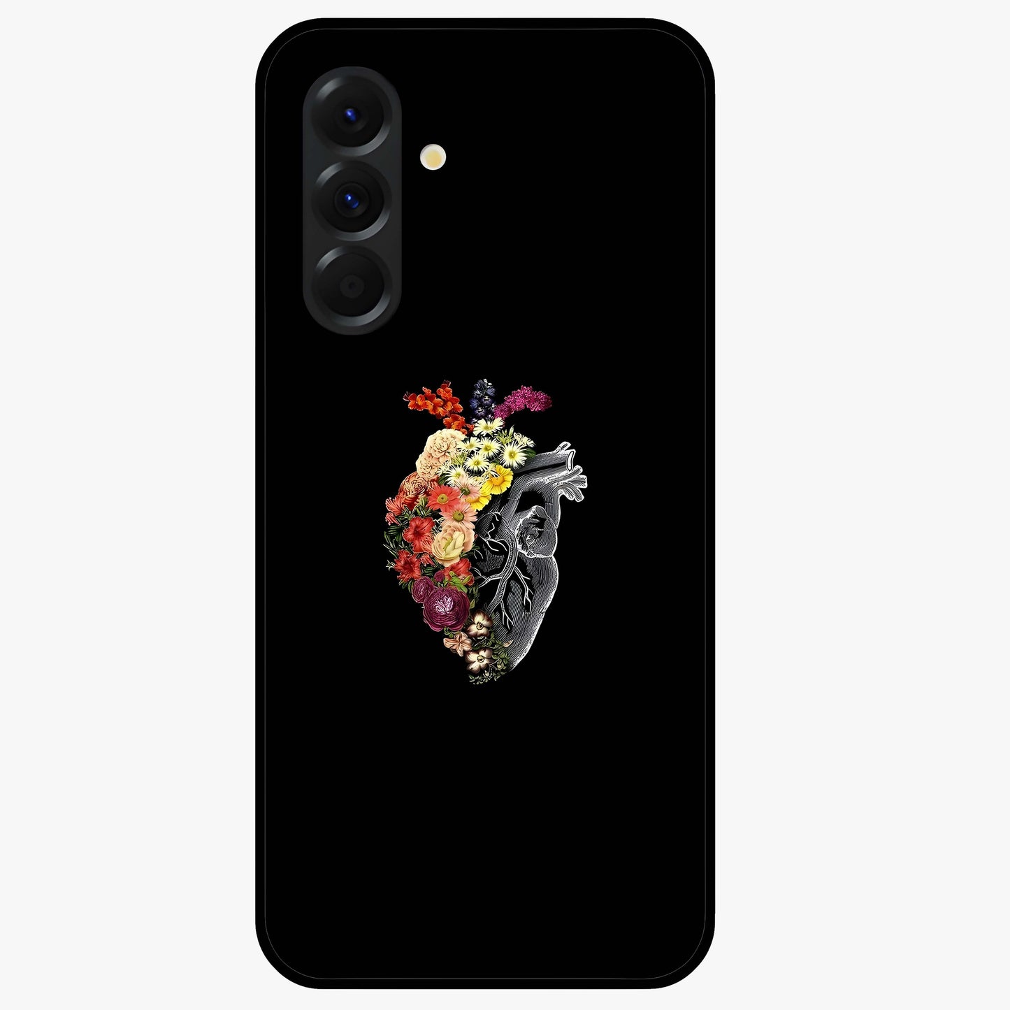 Heart With Flowers Glass Case showing flat back view with heart shaped floral artwork and glossy glass finish.