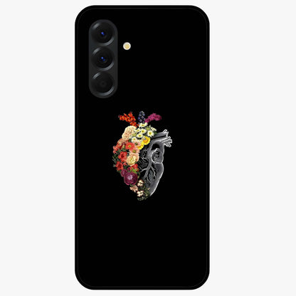 Heart With Flowers Glass Case showing flat back view with heart shaped floral artwork and glossy glass finish.