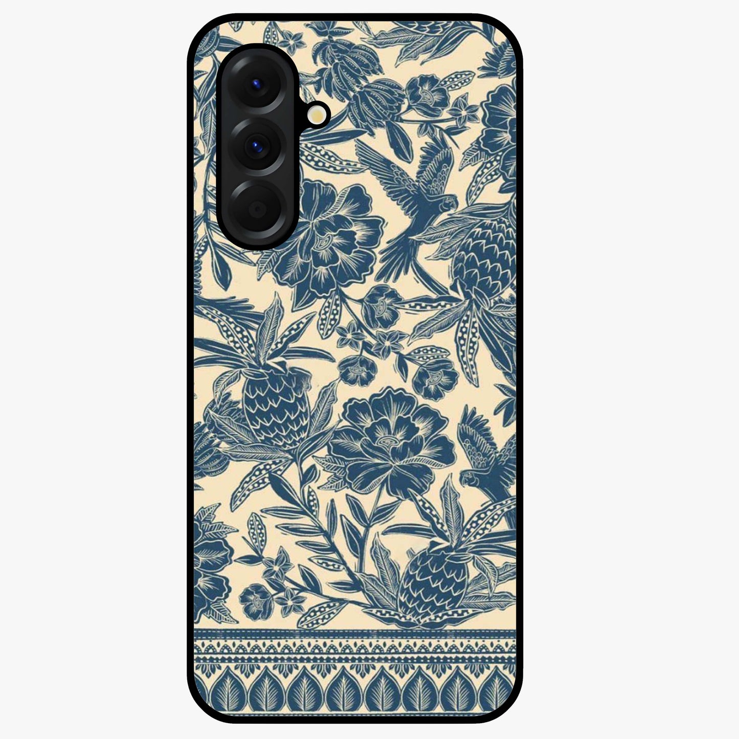Heirloom Wild Bloom Glass Case showing flat back view with vintage inspired wild flower artwork and glossy glass finish.