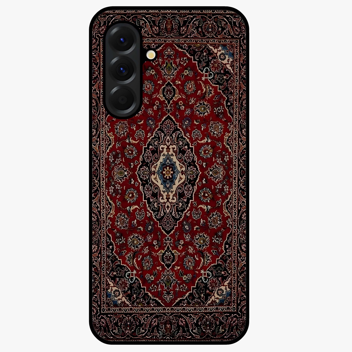 Heritage Carpet Royale Glass Case showing flat back view with ornate Persian carpet inspired pattern and glossy glass finish.