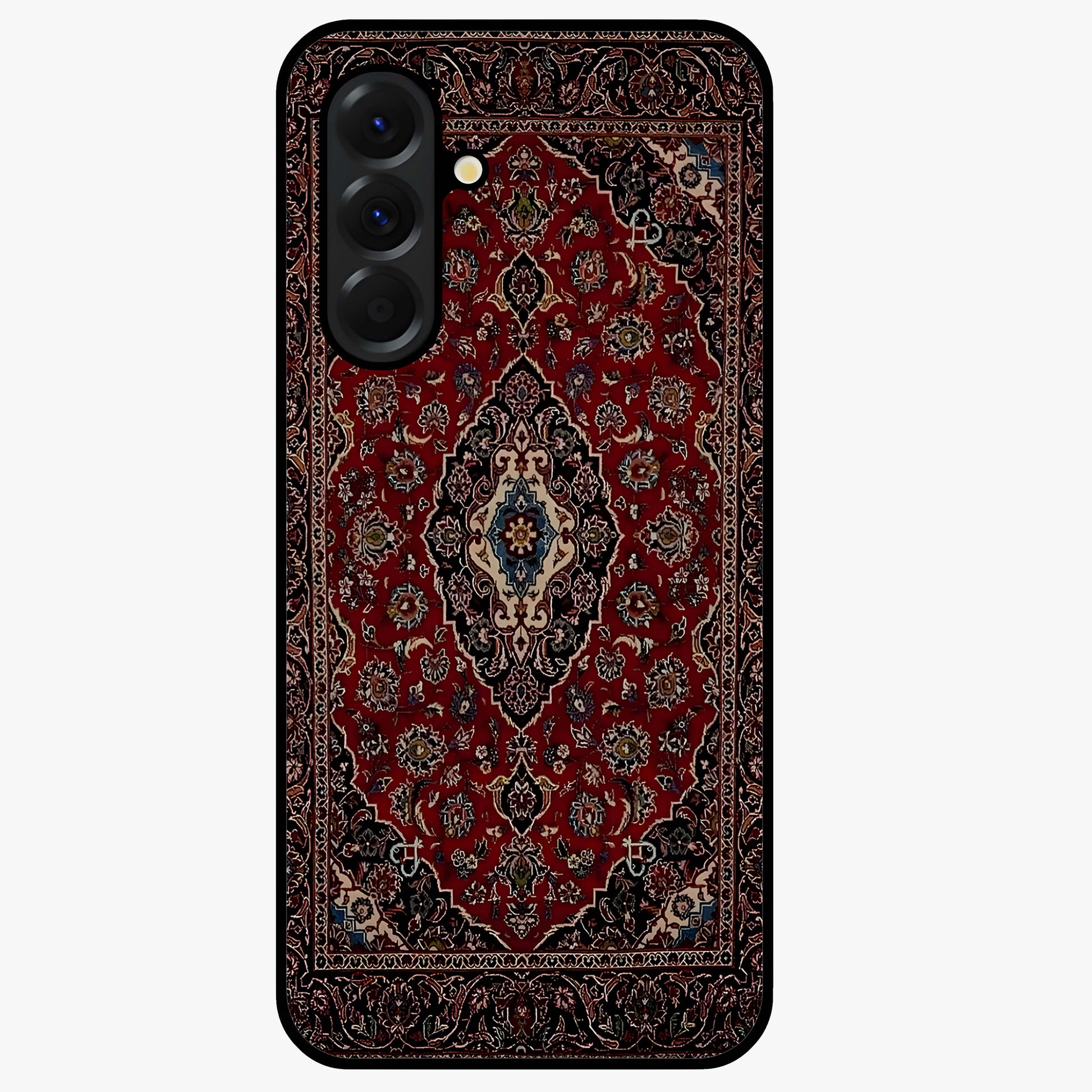 Heritage Carpet Royale Glass Case showing flat back view with ornate Persian carpet inspired pattern and glossy glass finish.