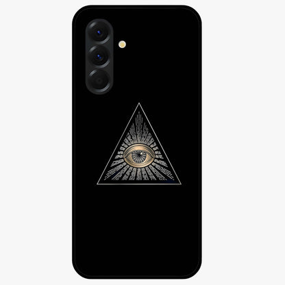 Illuminati Evil Glass Case showing flat back view with mysterious illuminati symbol artwork and glossy glass finish.