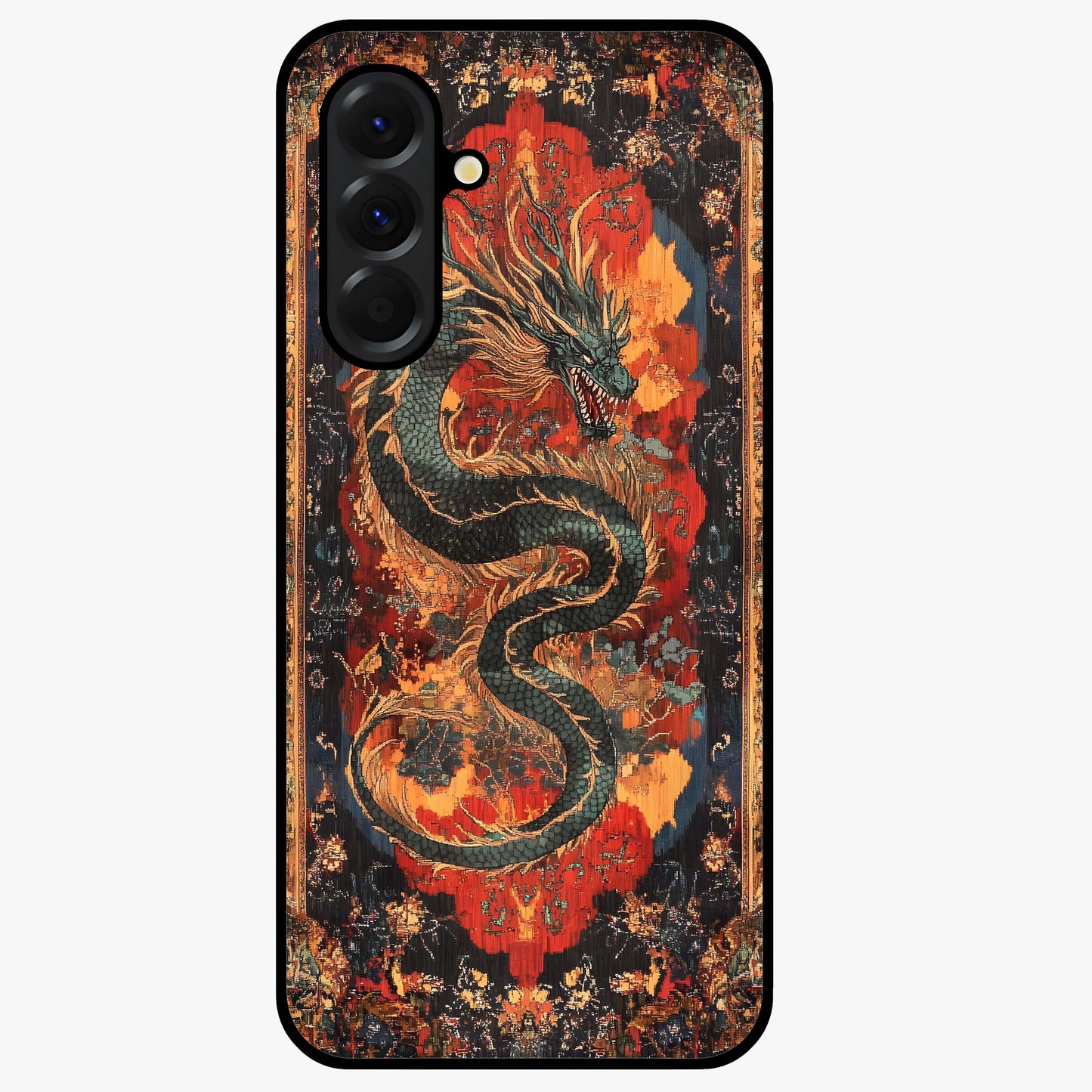 Inferno Dragon Soul Glass Case showing flat back view with fiery dragon artwork and glossy glass finish.