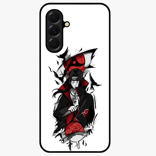 Itachi Sharingan Glass Case showing flat back view with powerful anime eye artwork and glossy glass finish.