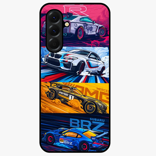 JDM Sports Car Glass Case showing flat back view with high performance sports car artwork and glossy glass finish.
