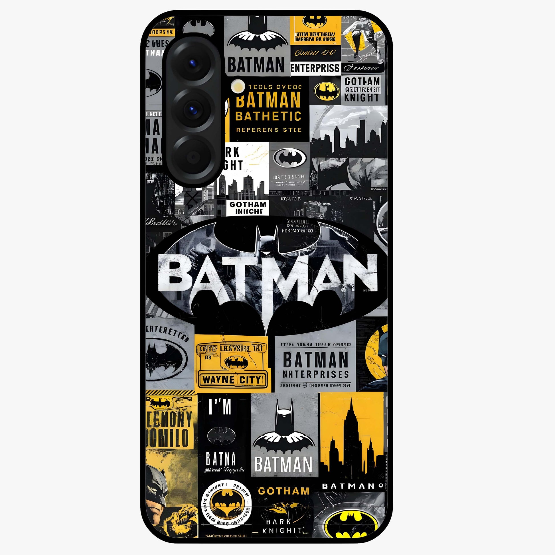 Knight Gotham Rise Glass Case showing flat back view with dark hero inspired artwork and glossy glass finish.