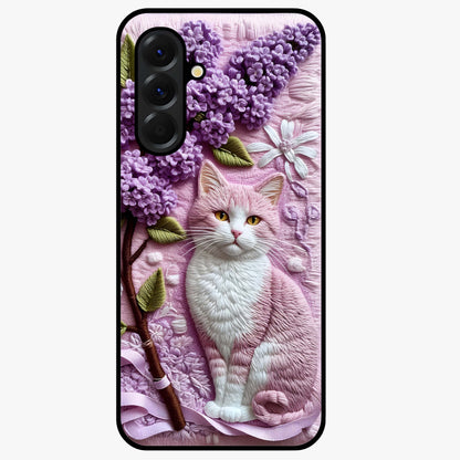 Lavender Cat Whimsy Glass Case showing flat back view with cute lavender cat artwork and glossy glass finish.