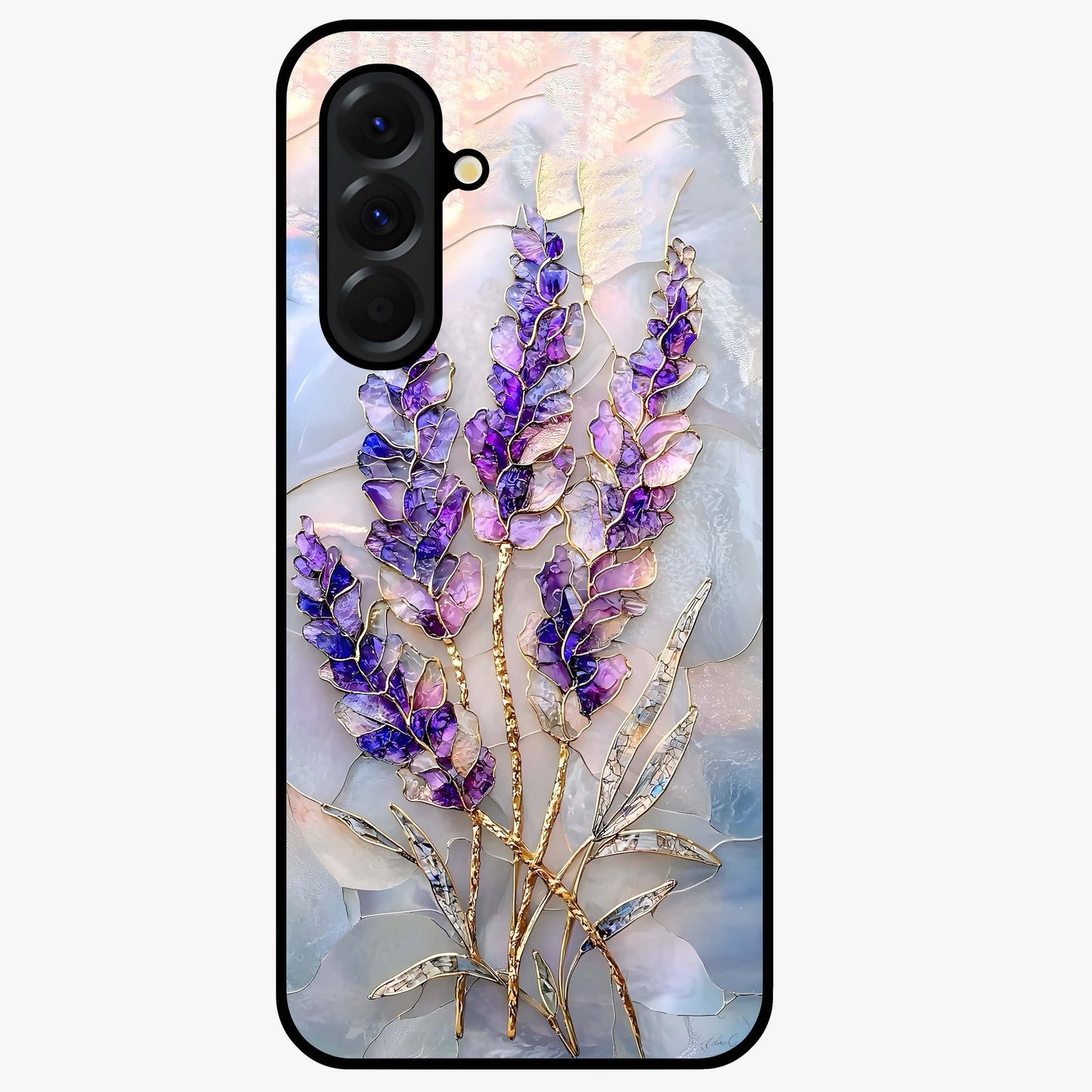 Lavender Dream Glow Glass Case showing flat back view with glowing lavender aesthetic artwork and glossy glass finish.