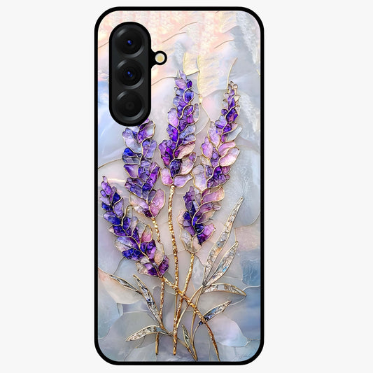 Lavender Dream Glow Glass Case showing flat back view with glowing lavender aesthetic artwork and glossy glass finish.