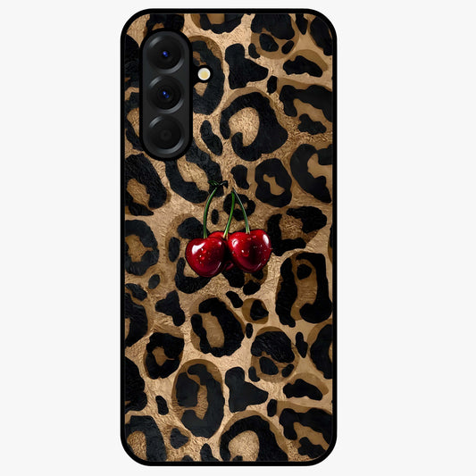 Leopard Wild Cherry Glass Case showing flat back view with leopard pattern and cherry artwork and glossy glass finish.