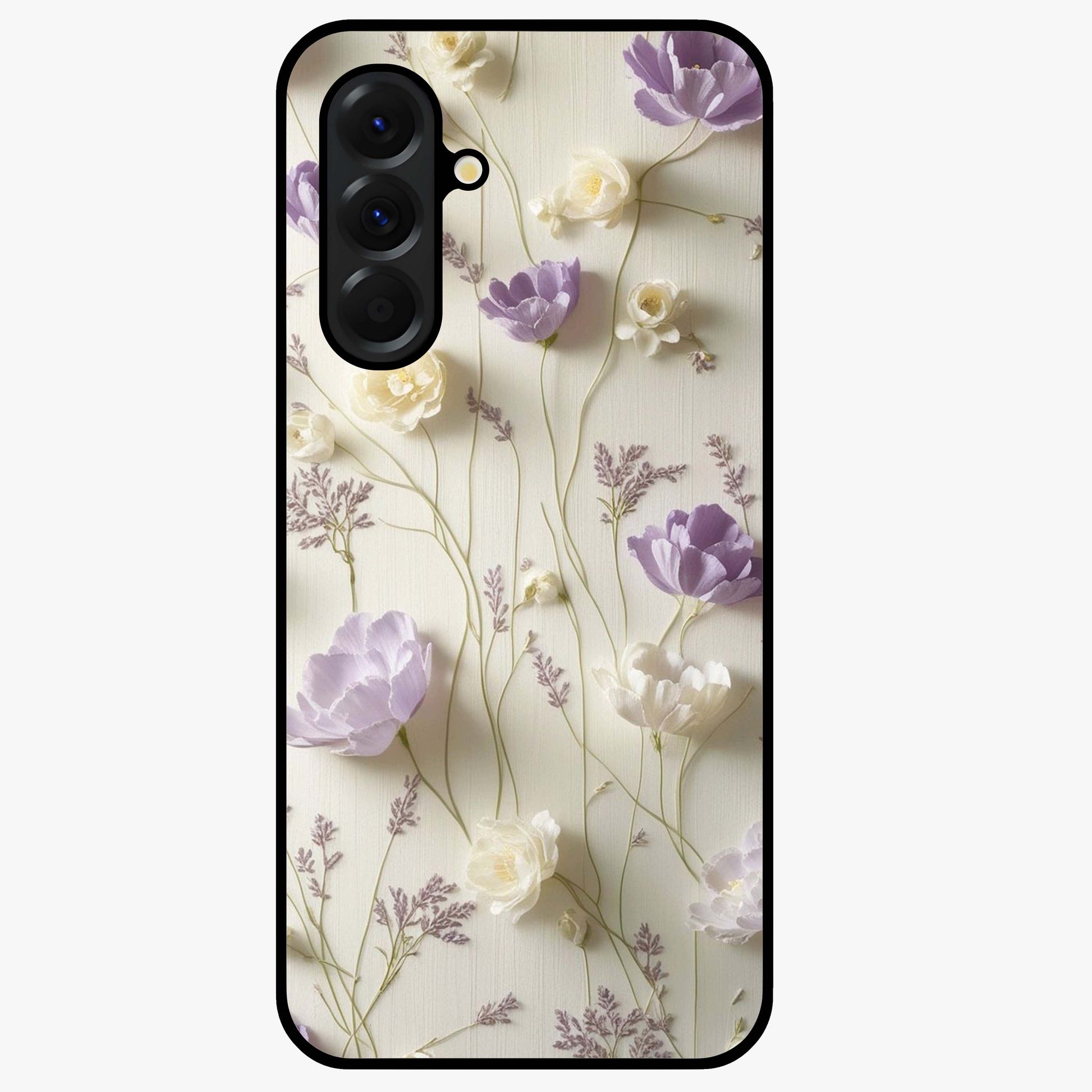Lilac Breeze Harmony Glass Case showing flat back view with soft lilac themed artwork and glossy glass finish.