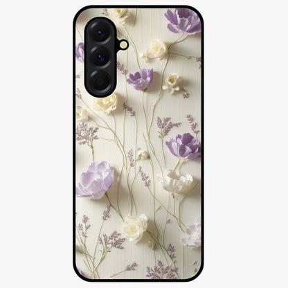 Lilac Breeze Harmony Glass Case showing flat back view with soft lilac themed artwork and glossy glass finish.