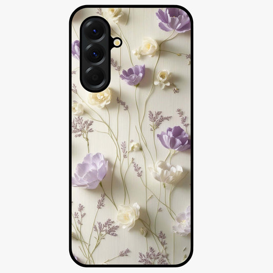 Lilac Breeze Harmony Glass Case showing flat back view with soft lilac themed artwork and glossy glass finish.