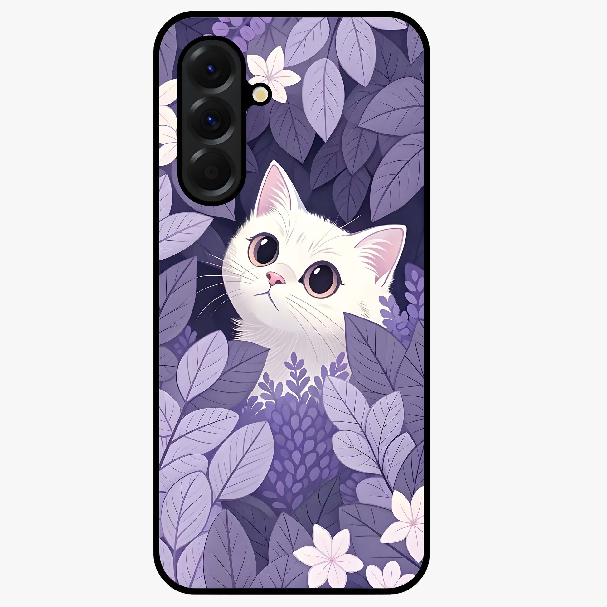 Lilac Hide Peek Cat Glass Case showing flat back view with cute peeking cat artwork and glossy glass finish.
