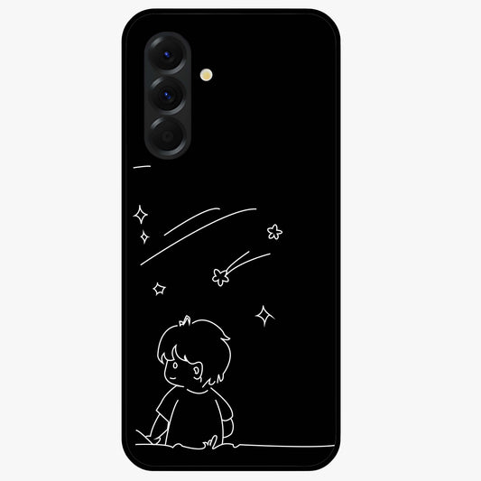 Line Art Boy With Shooting Stars Glass Case showing flat back view with minimal line art boy and shooting stars illustration and glossy glass finish.