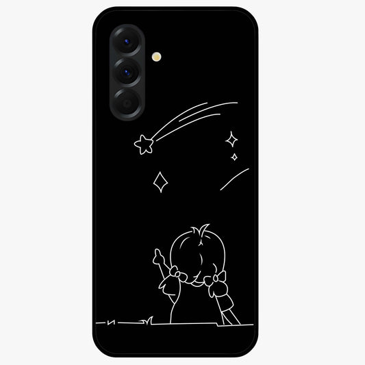 Line Art Girl With Shooting Stars Glass Case showing flat back view with minimal line art girl and shooting stars illustration and glossy glass finish.