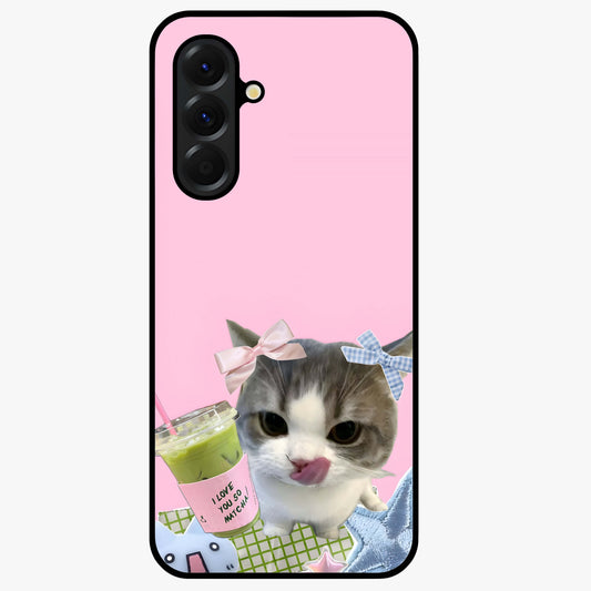 Love Matcha Cat Glass Case showing flat back view with cute cat and matcha themed artwork and glossy glass finish.