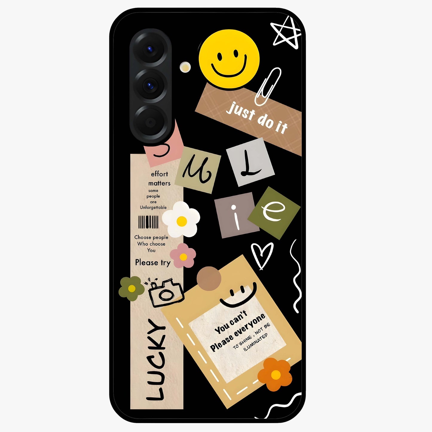 Lucky Aesthetic Collage Glass Case showing flat back view with trendy aesthetic collage artwork and glossy glass finish.
