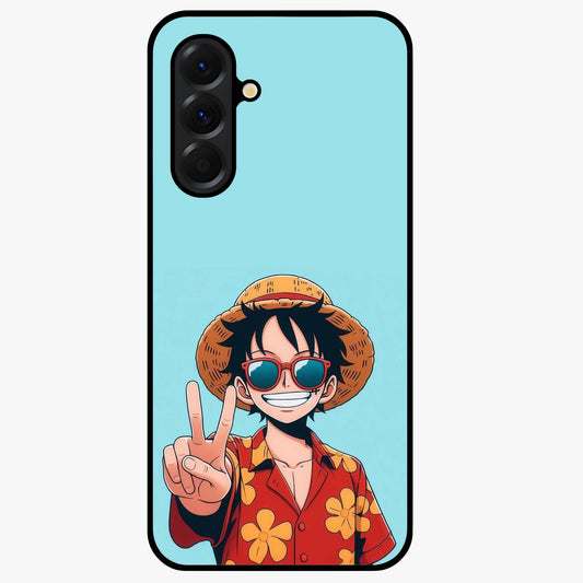 Luffy Summer Anime Vibe Glass Case showing flat back view with vibrant anime character artwork and glossy glass finish.