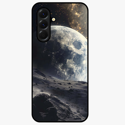 Lunar Horizon Glow Glass Case showing flat back view with glowing moon horizon artwork and glossy glass finish.