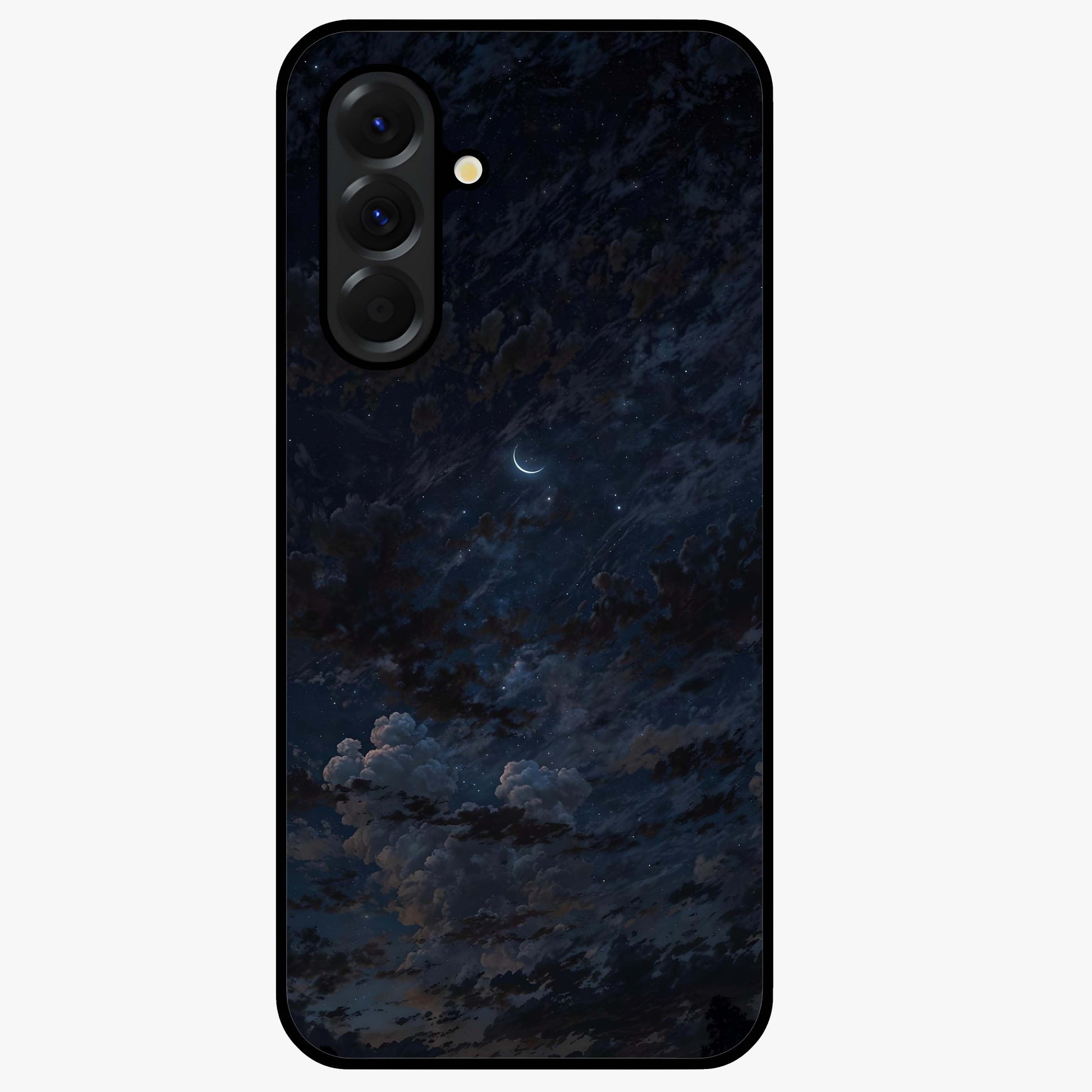 Lunar Veil Silence Glass Case showing flat back view with mystical moon veil artwork and glossy glass finish.