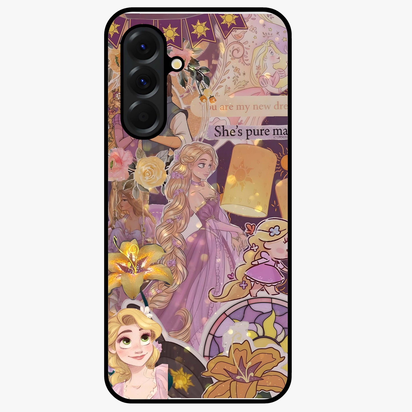 Magical Tangled Dream Glass Case showing flat back view with dreamy tangled artwork and glossy glass finish.