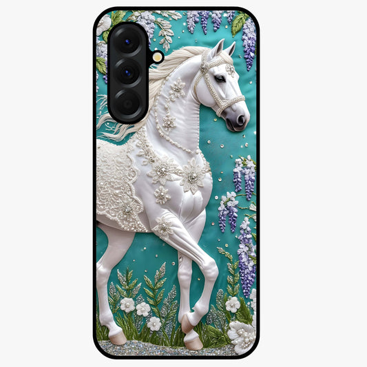 Majestic Floral Stallion Glass Case showing flat back view with powerful horse and floral artwork and glossy glass finish.