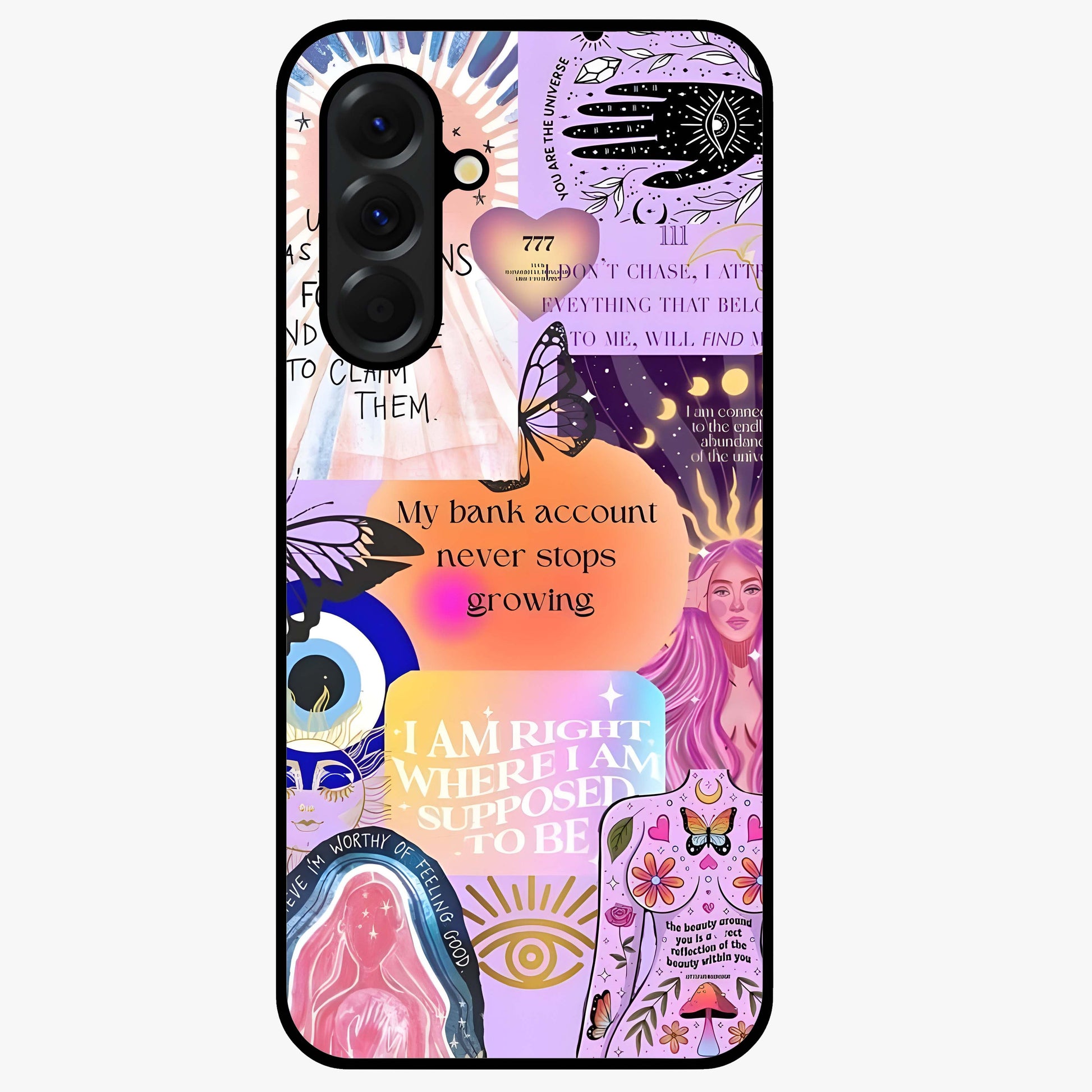 Manifestation Collage Glass Case showing flat back view with motivational collage artwork and glossy glass finish.