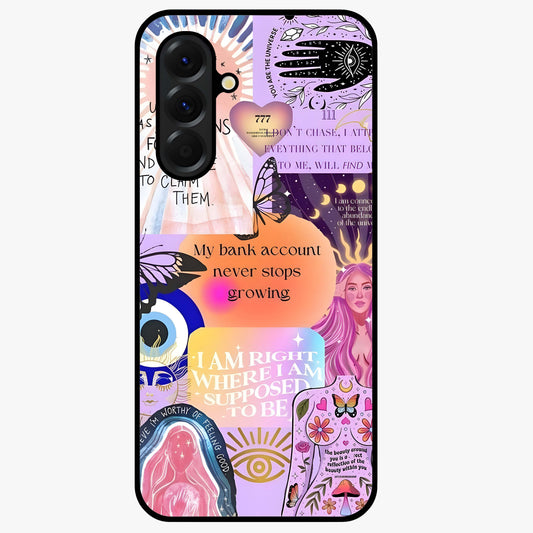 Manifestation Collage Glass Case showing flat back view with motivational collage artwork and glossy glass finish.