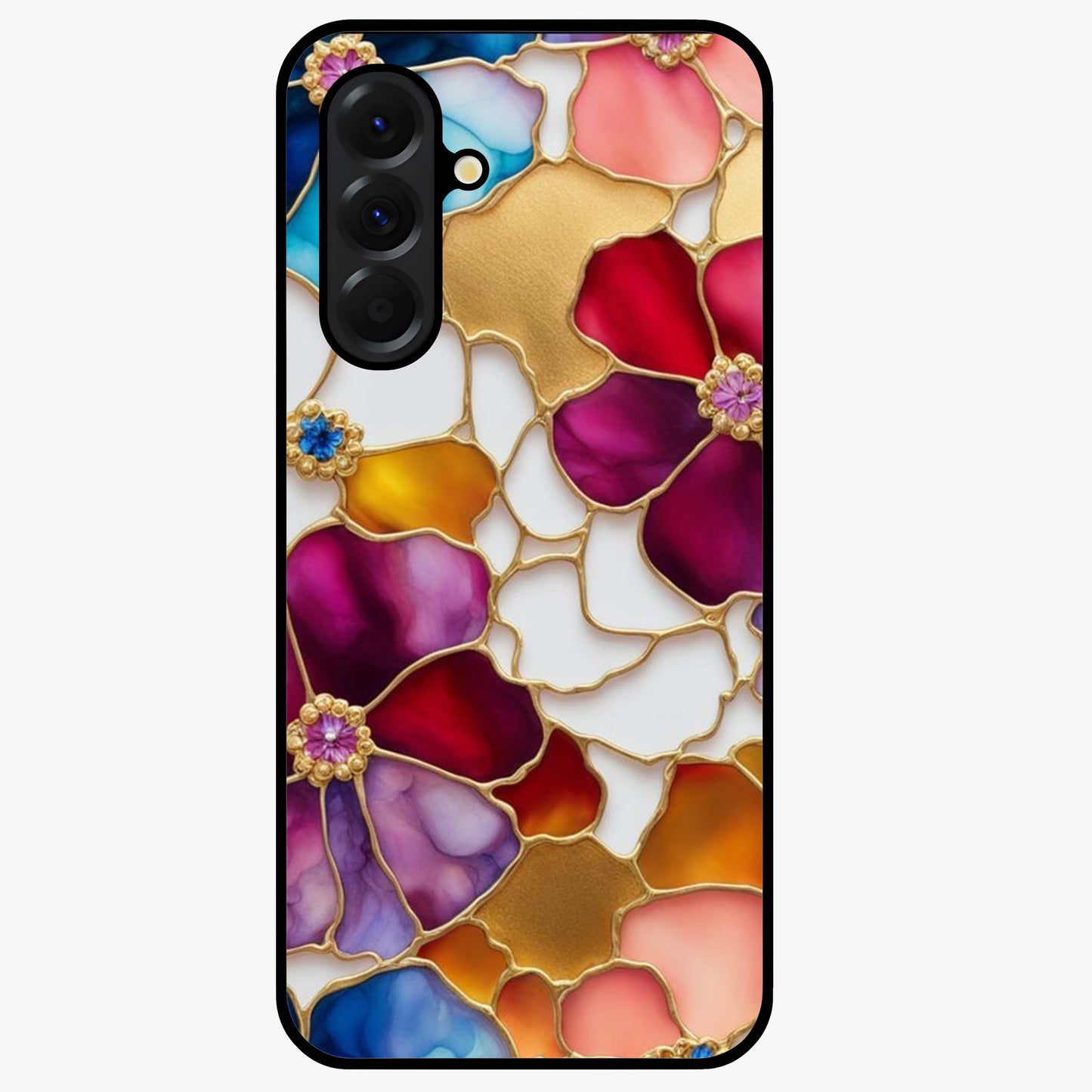 Marble Flower Pattern Glass Case showing flat back view with marble texture floral artwork and glossy glass finish.