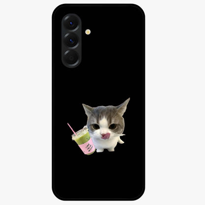 Matcha Cat Style Glass Case showing flat back view with cute matcha themed cat artwork and glossy glass finish.